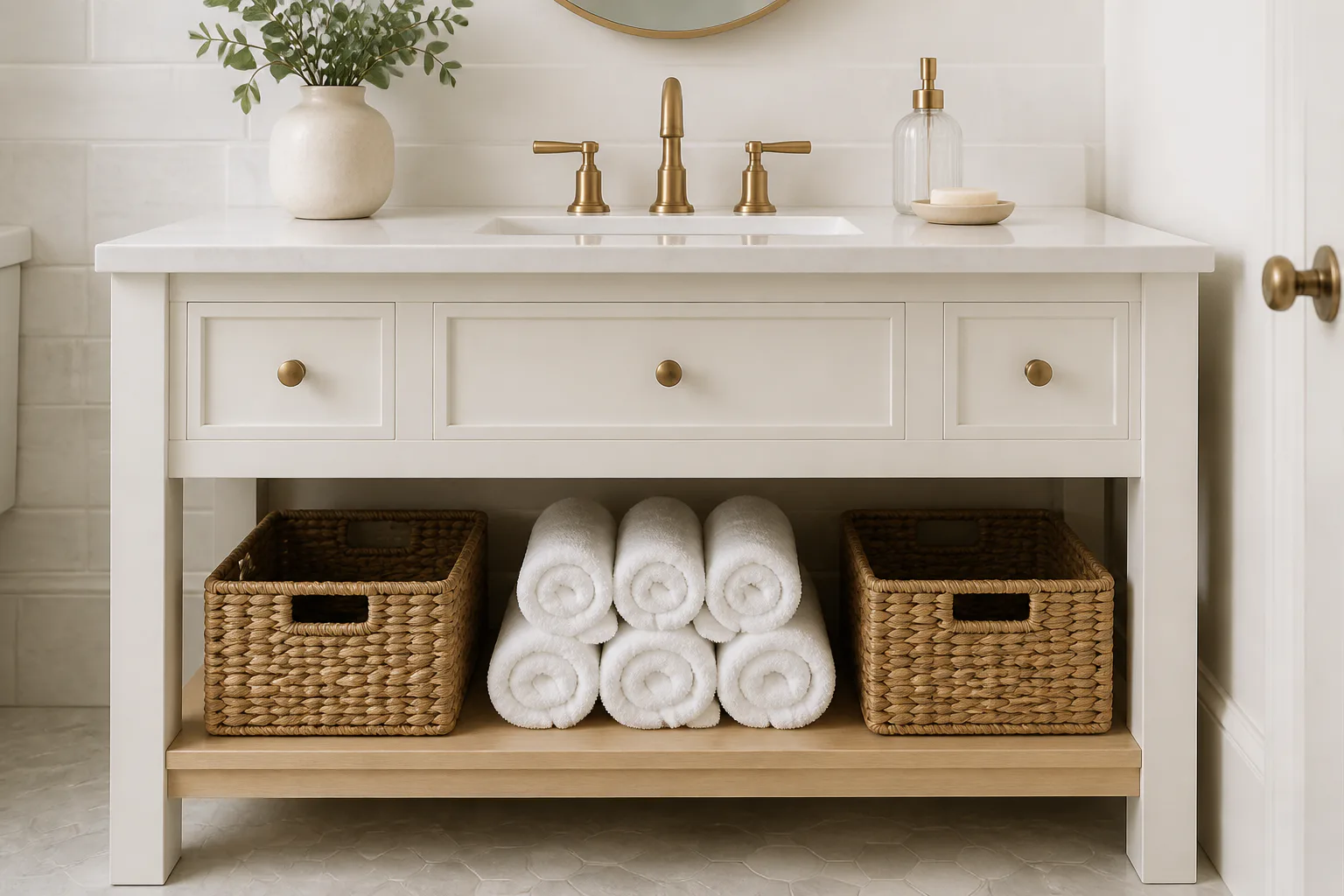 White bathroom vanity with towels