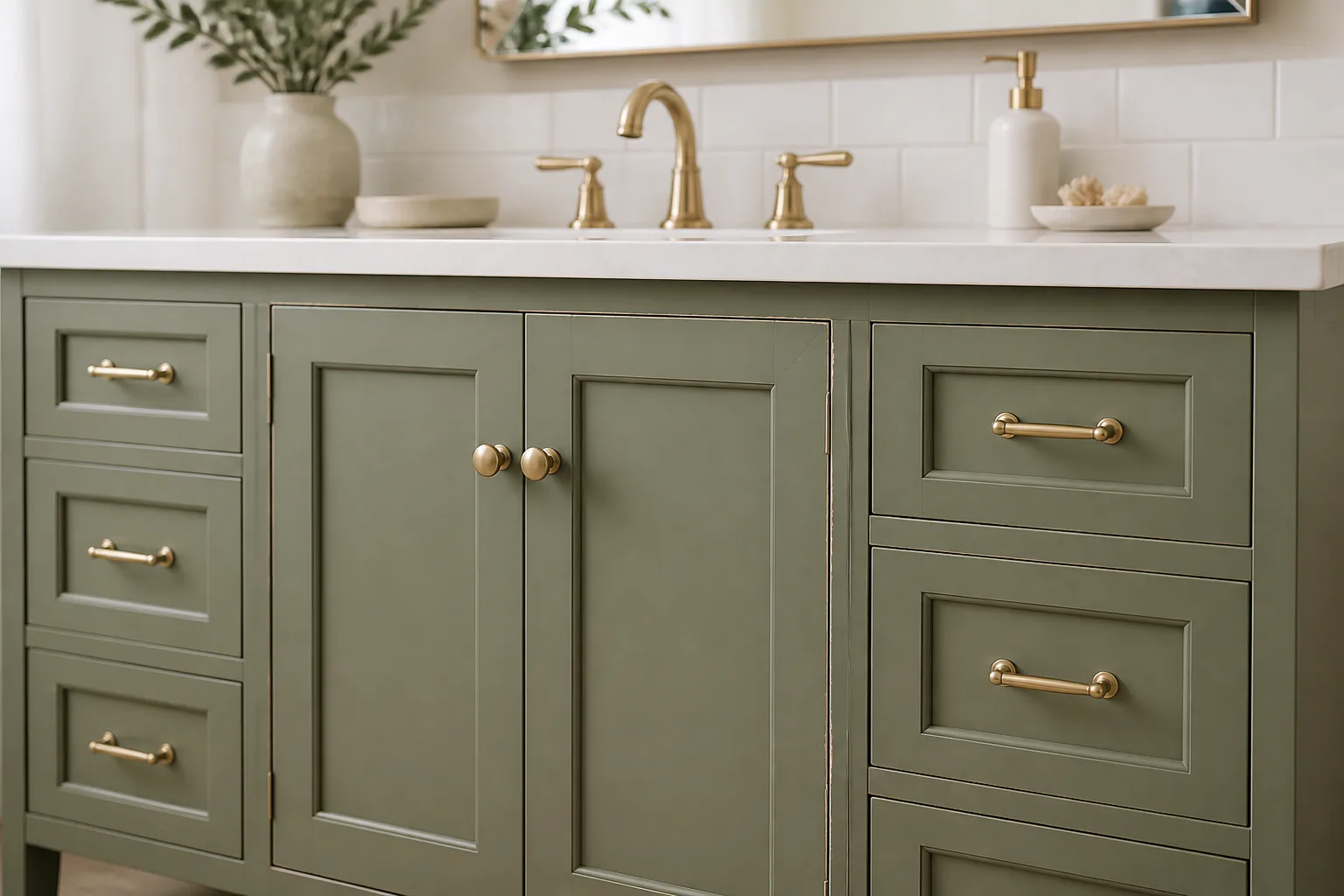 Green bathroom vanity with brass hardware