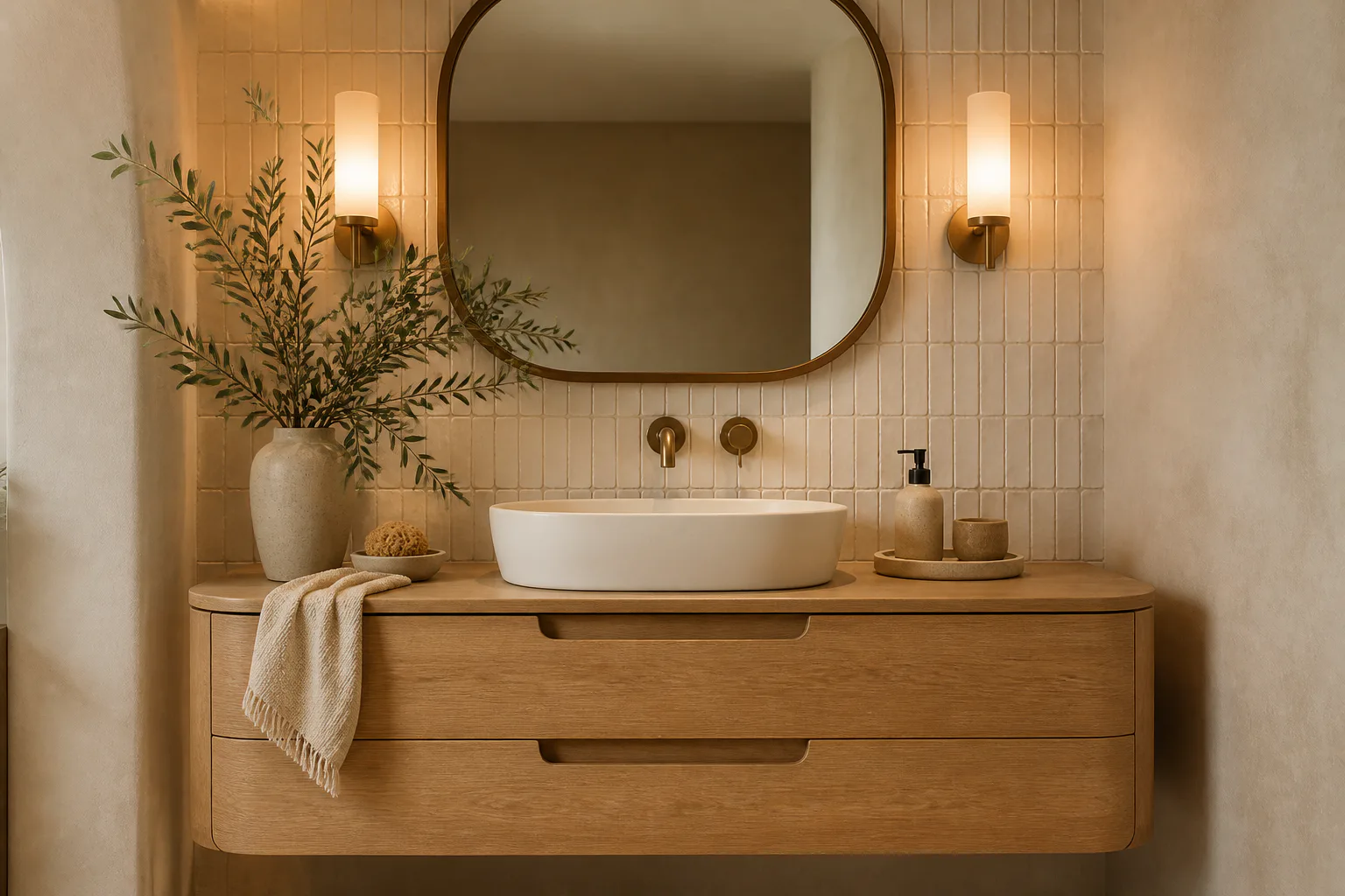 Modern bathroom vanity with round mirror