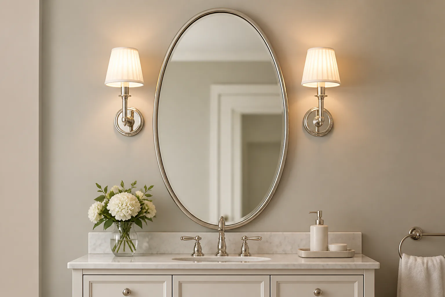 Elegant bathroom vanity with oval mirror