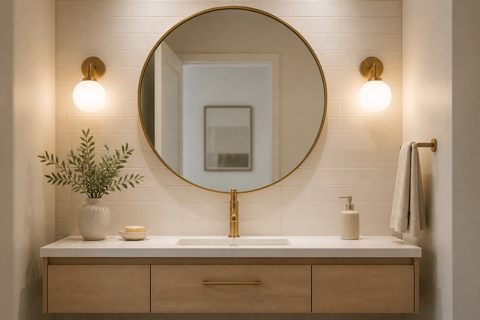Modern bathroom vanity with round mirror