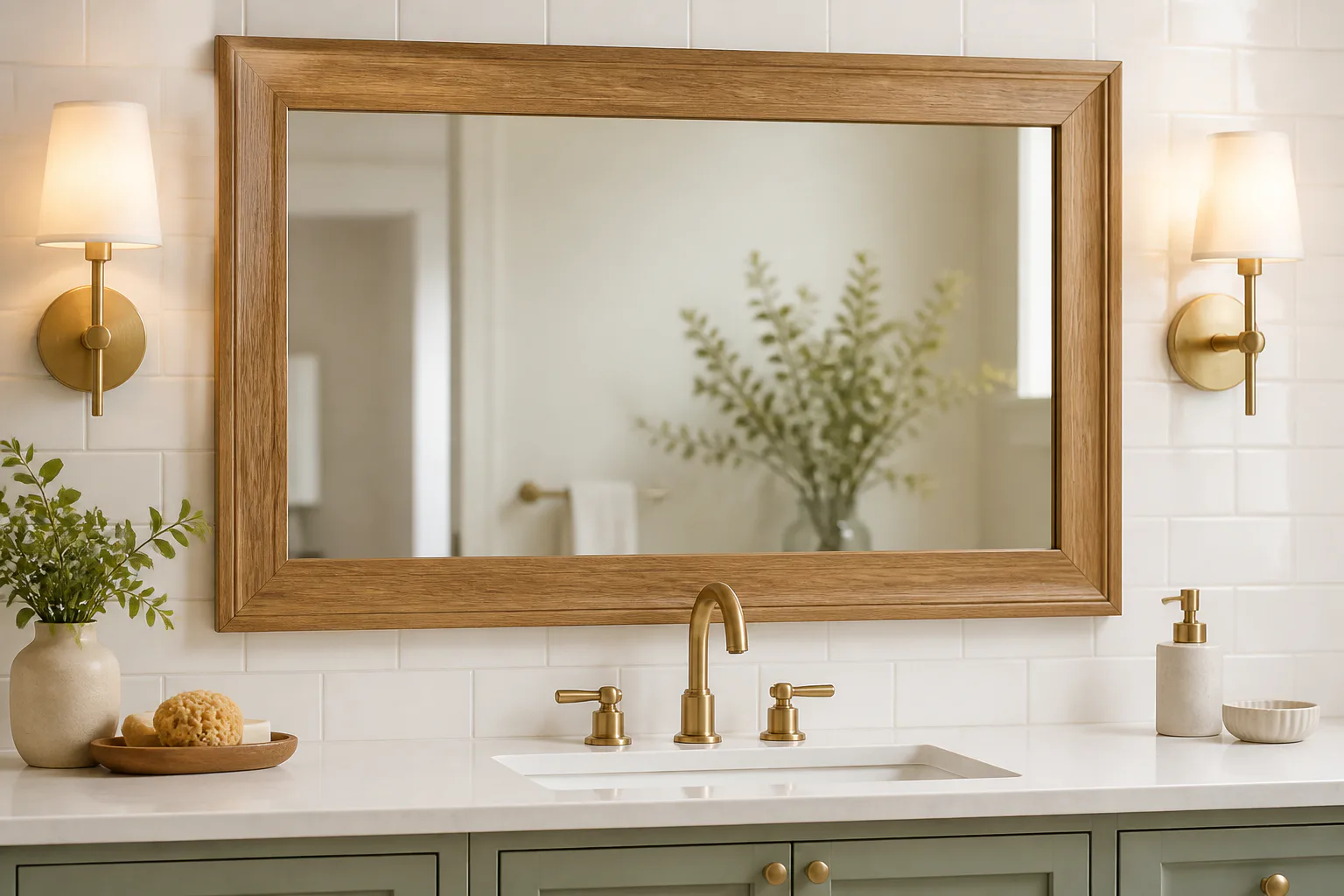 Bathroom vanity with wood-framed mirror