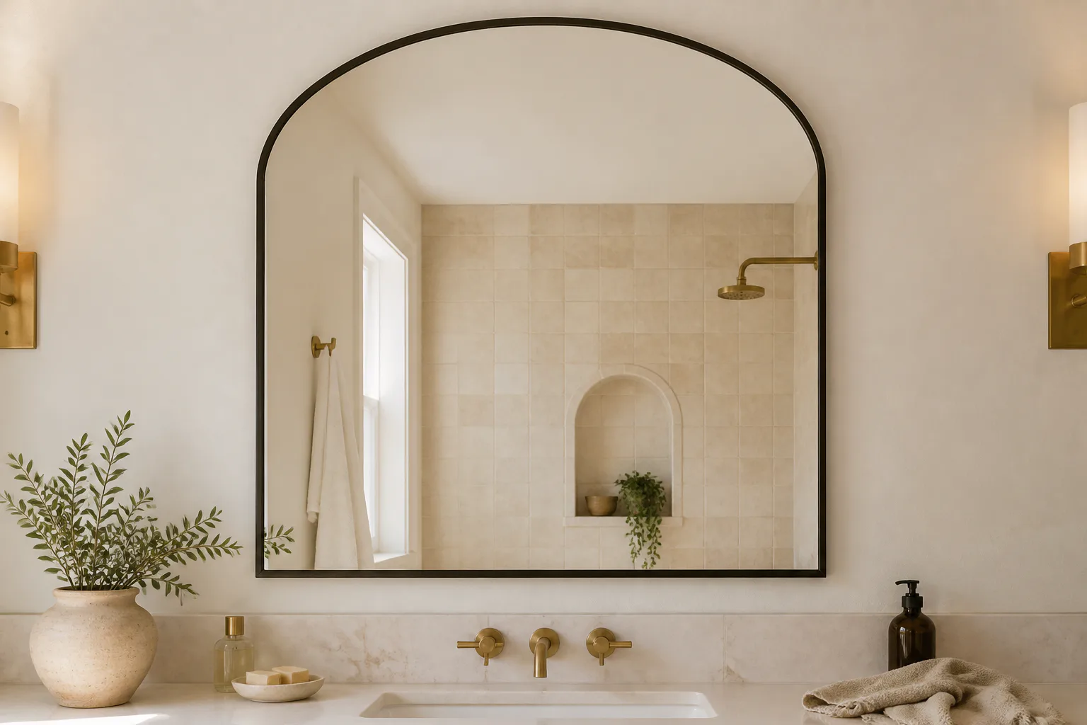 Modern bathroom with arched mirror