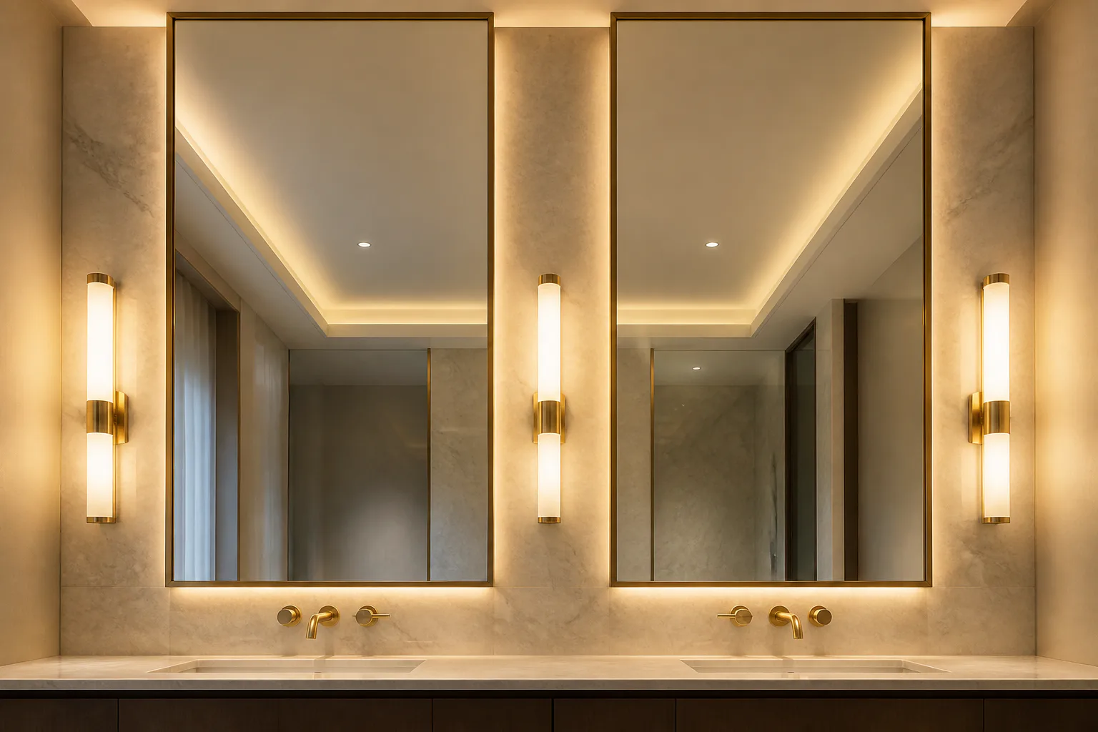 Modern double vanity with lit mirrors
