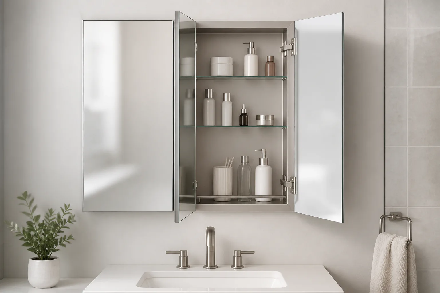 Open mirrored bathroom medicine cabinet