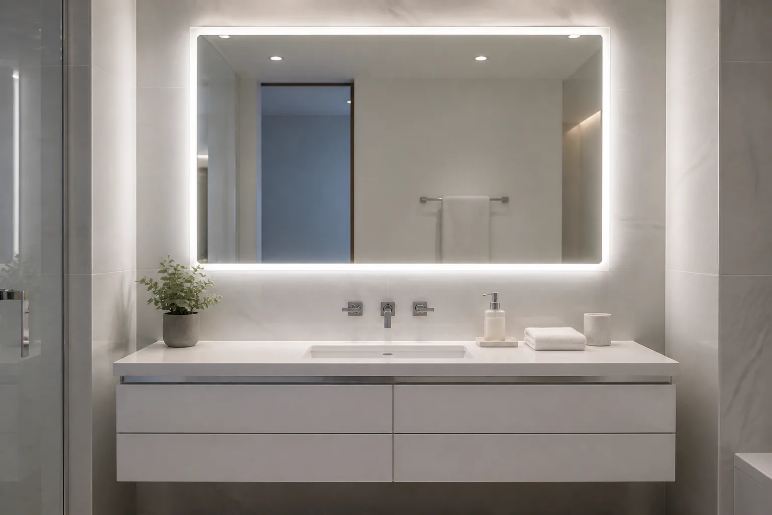Modern bathroom vanity with lit mirror