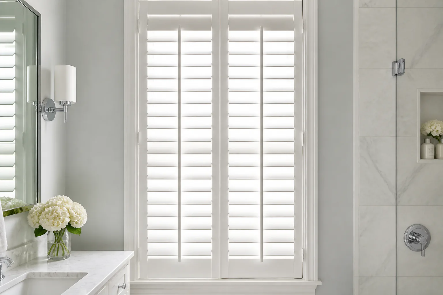 Bright bathroom with white shutters