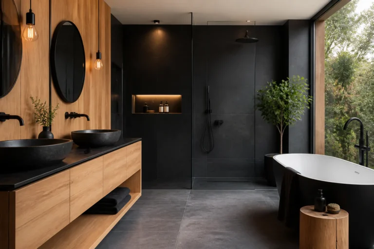 Modern black and wood bathroom