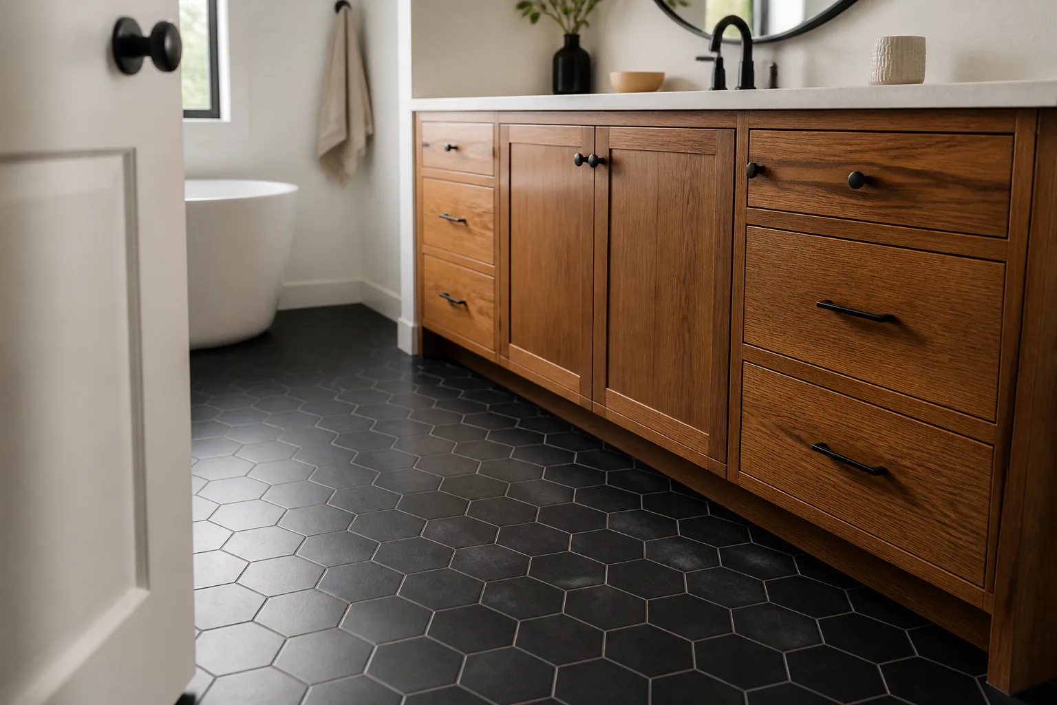 Modern bathroom with black hex tile