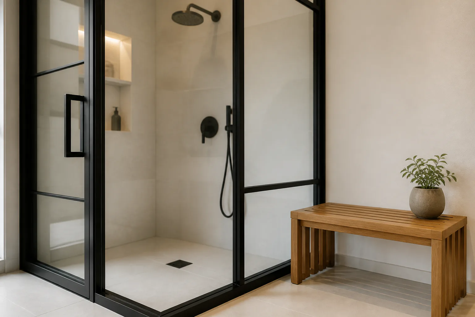 Modern glass shower with wooden bench