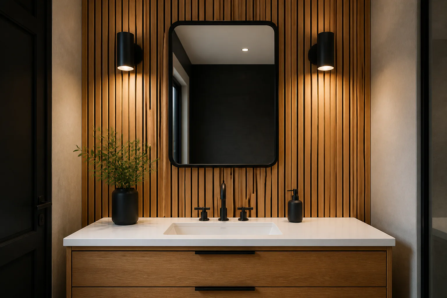 Modern bathroom vanity with wood slat wall