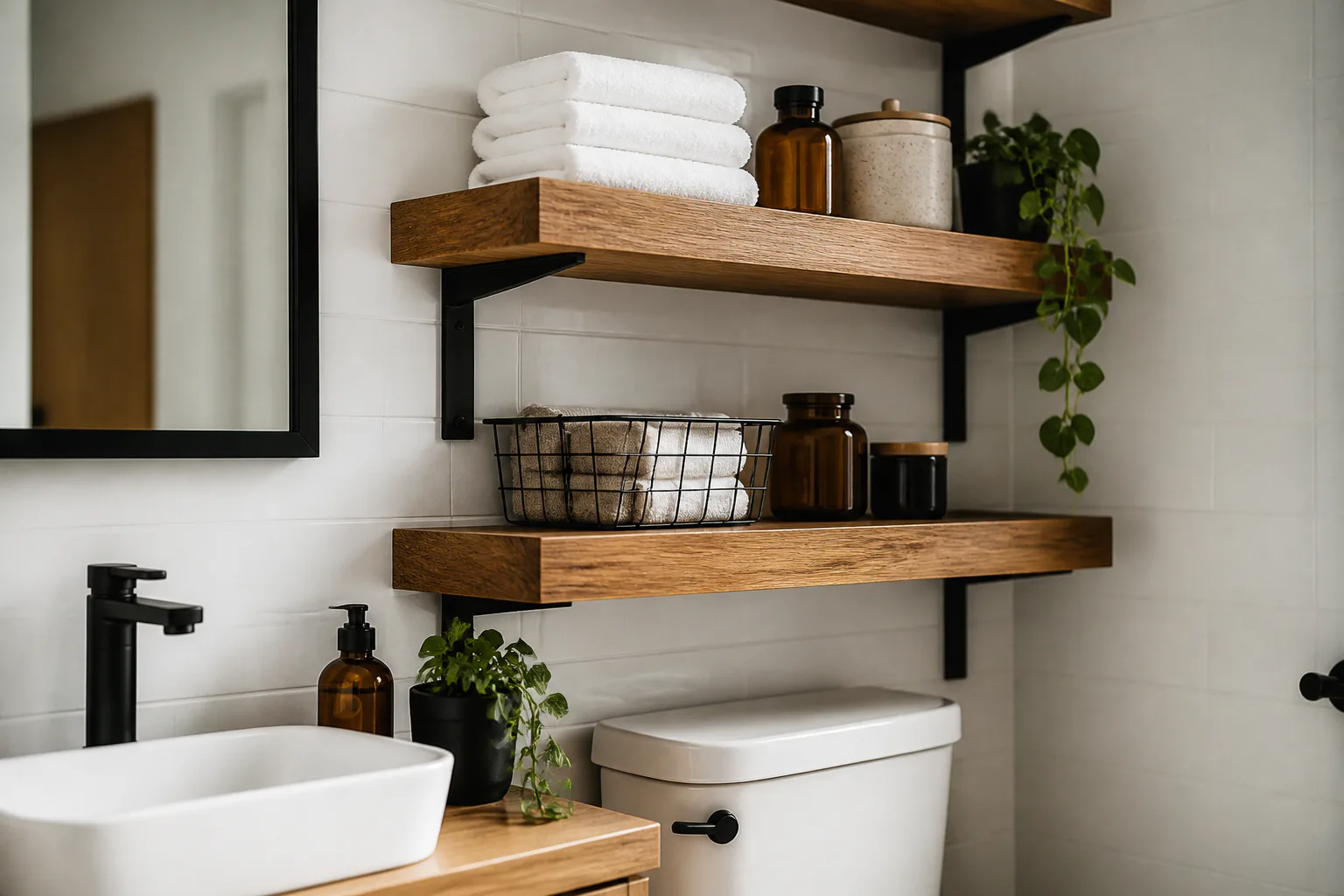 Bathroom with wooden floating shelves