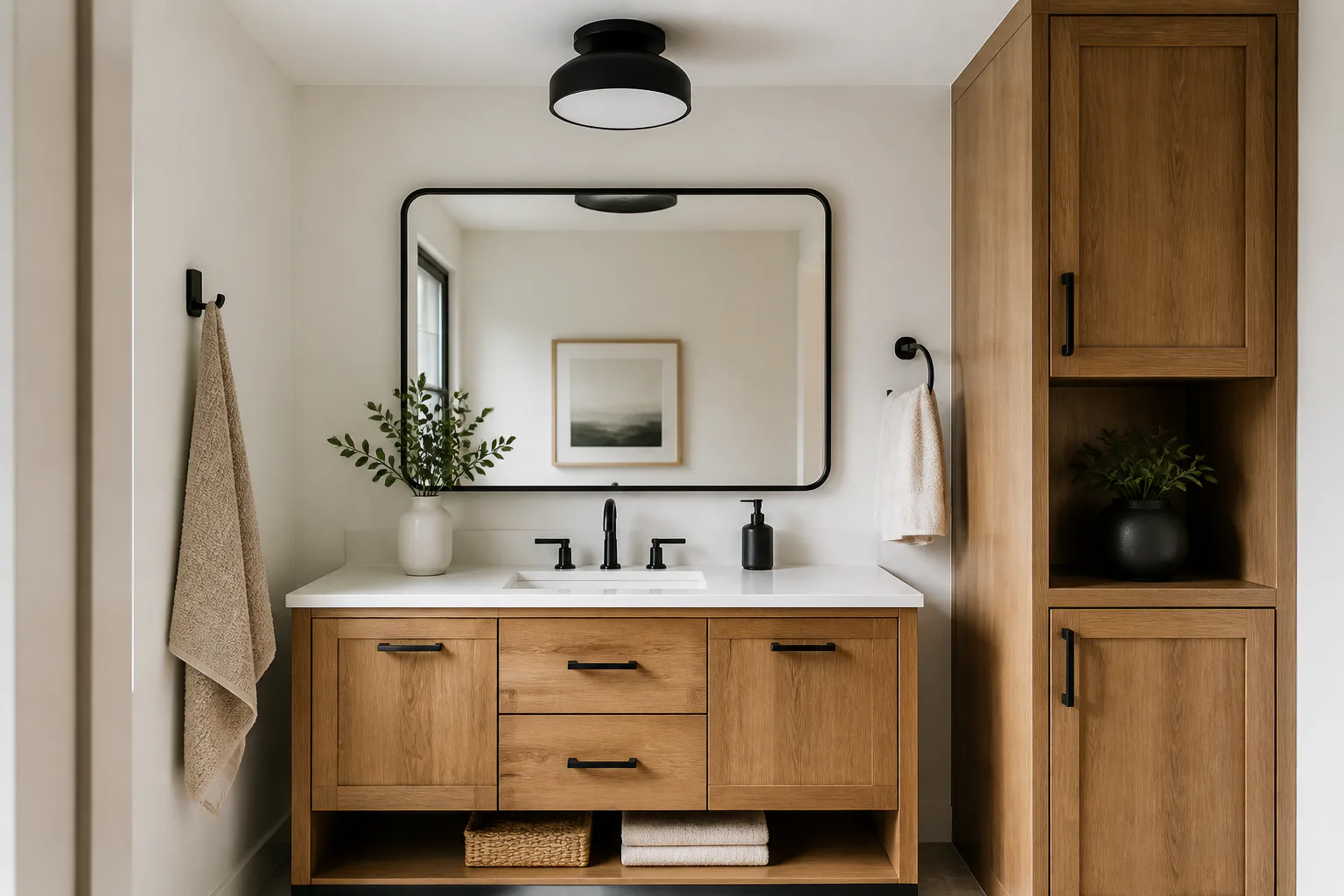 Modern bathroom vanity with wood cabinets