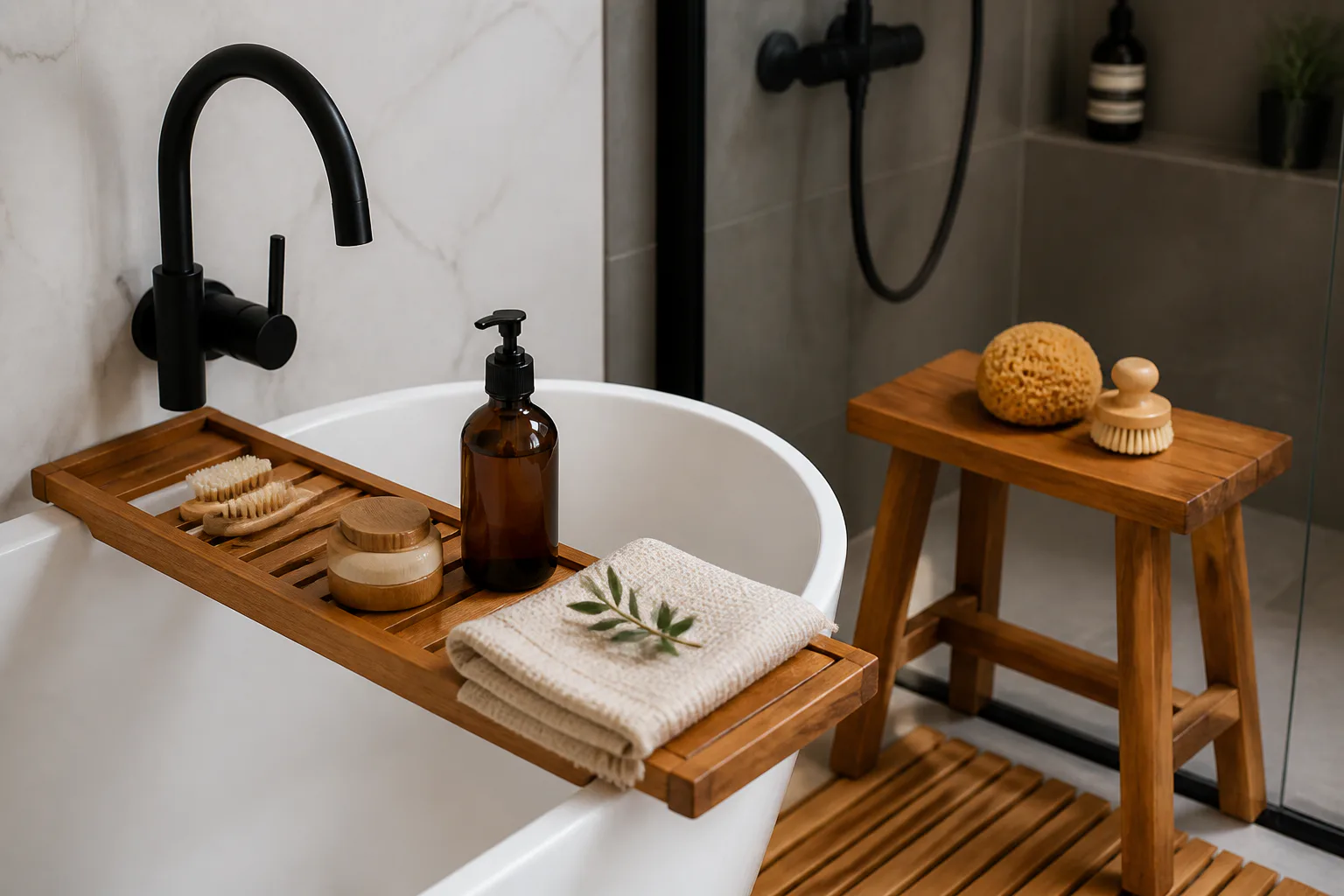 Modern bathtub with wooden bath tray