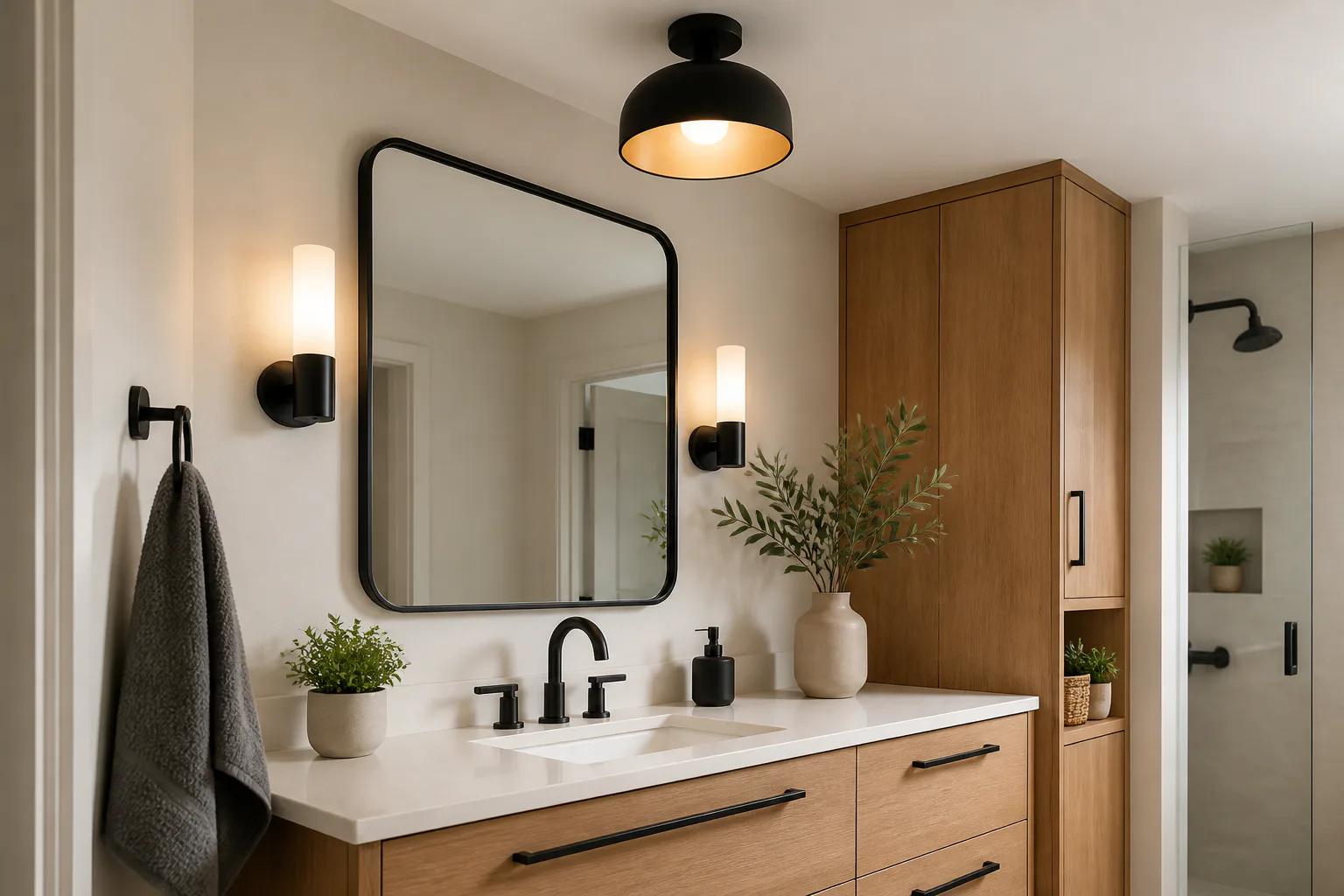 Modern bathroom with wood vanity