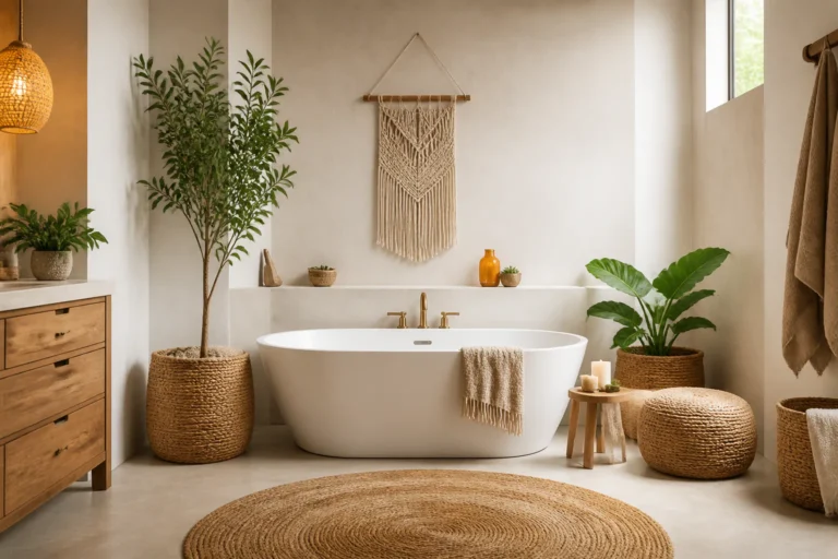 Boho bathroom with freestanding tub