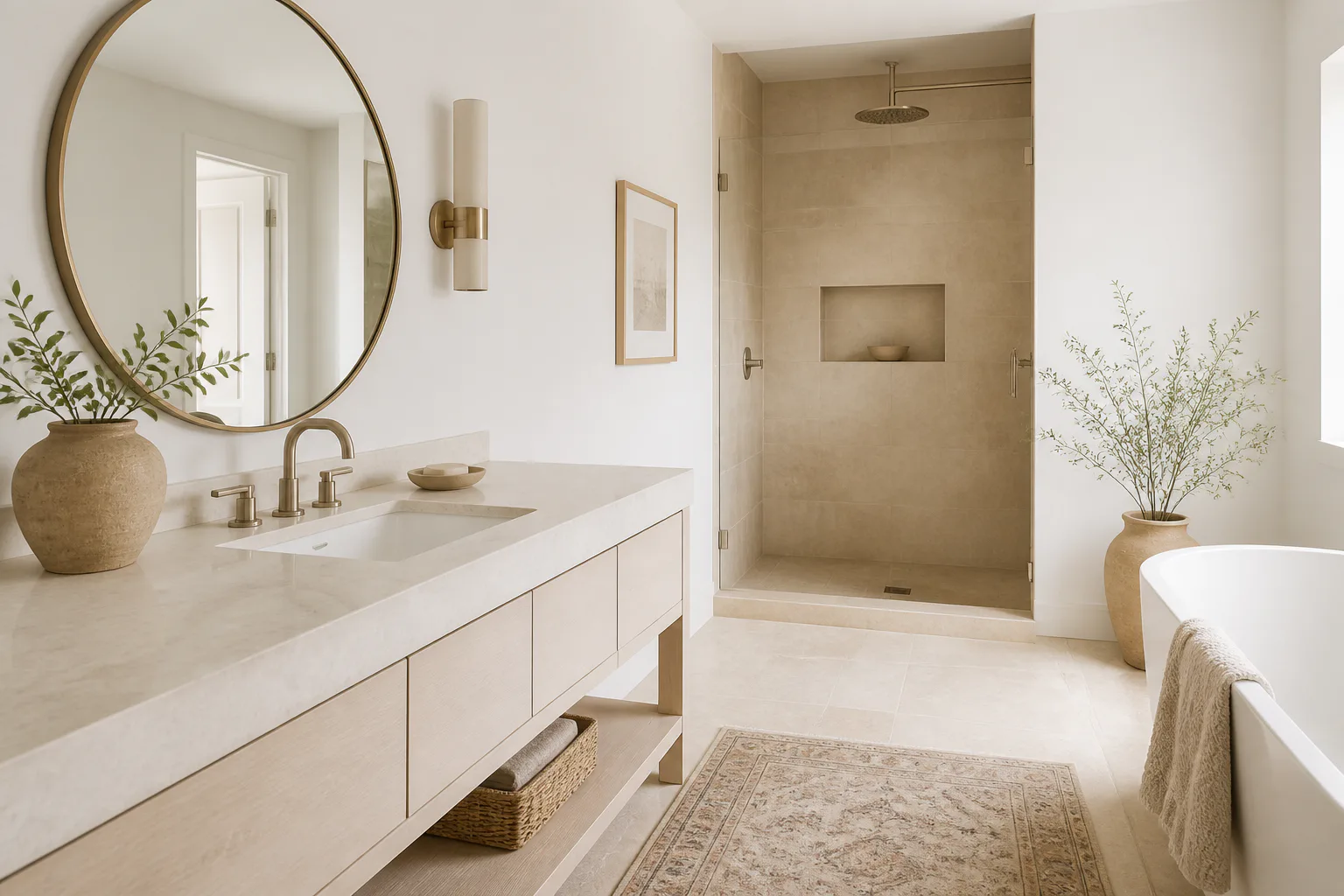 Modern beige bathroom with shower