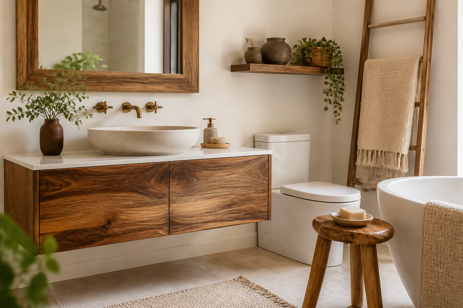 Warm modern bathroom with wood vanity