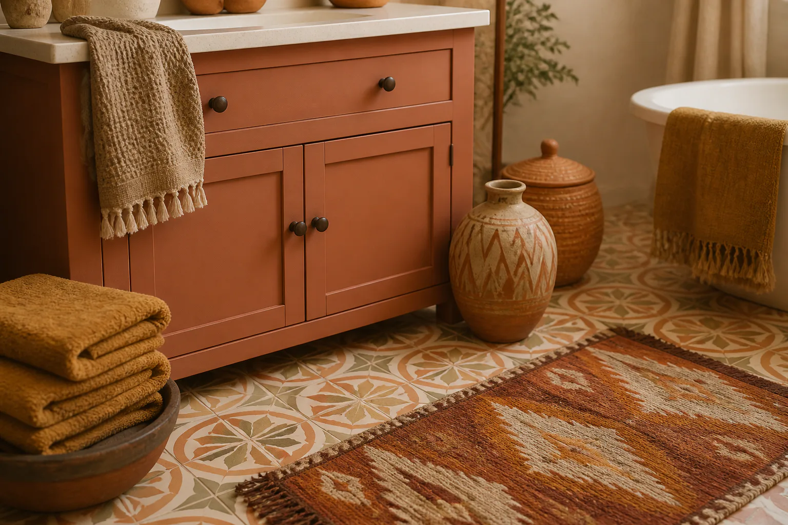 Warm terracotta bathroom decor