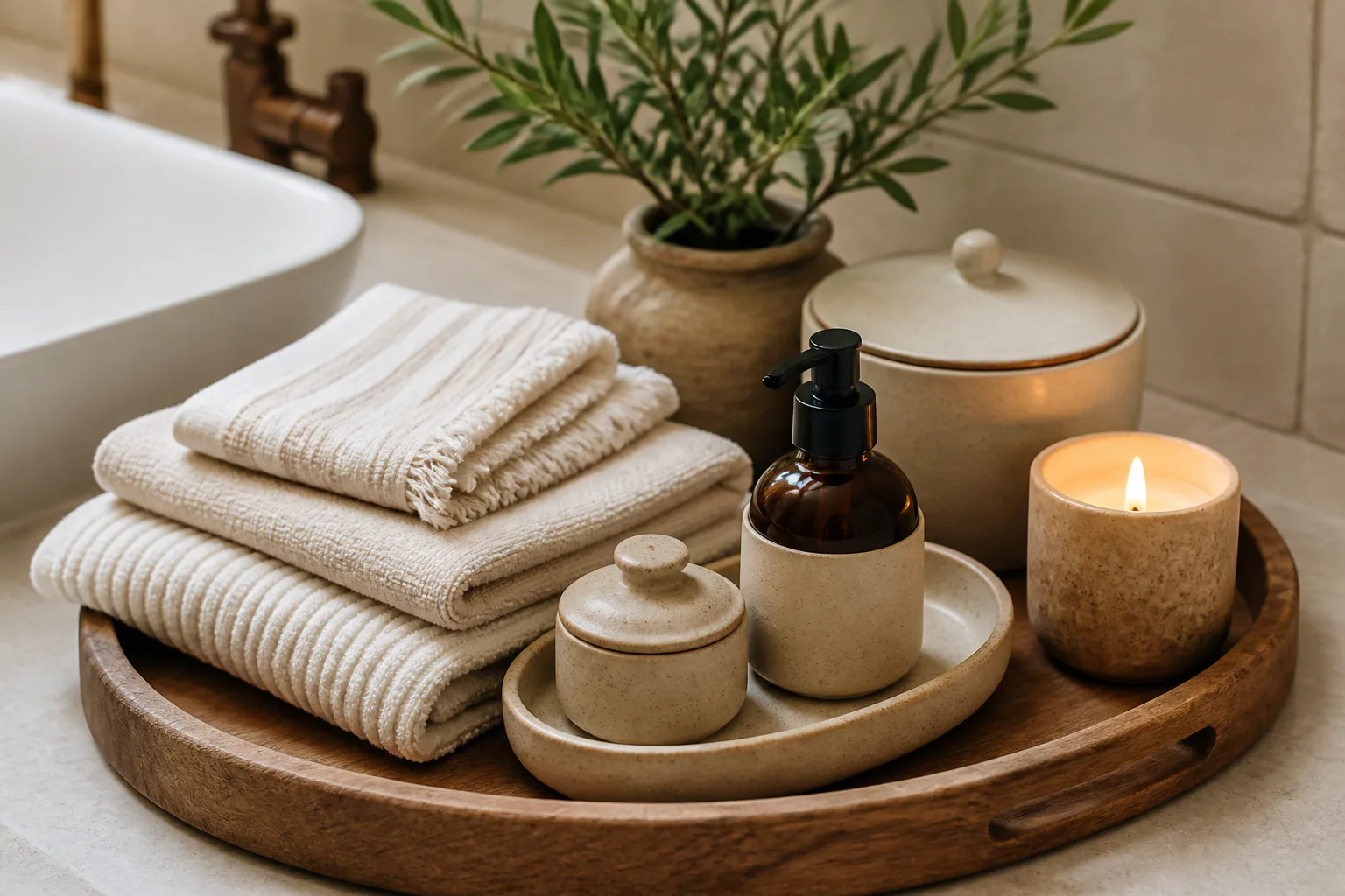 Spa-like bathroom tray with towels and candle