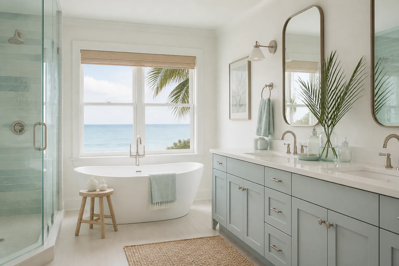 Bright coastal bathroom with ocean view
