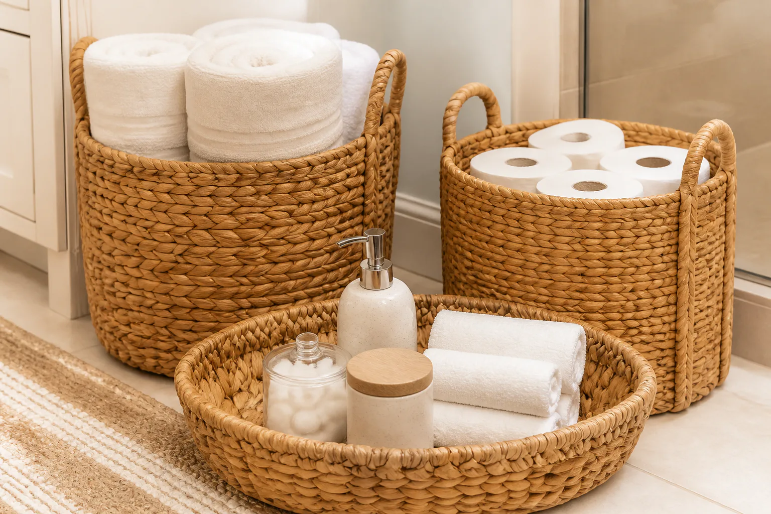 Woven bathroom baskets with towels