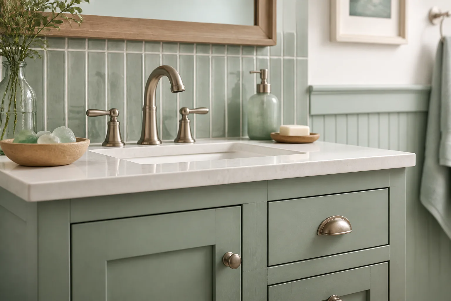 Sage green bathroom vanity and sink