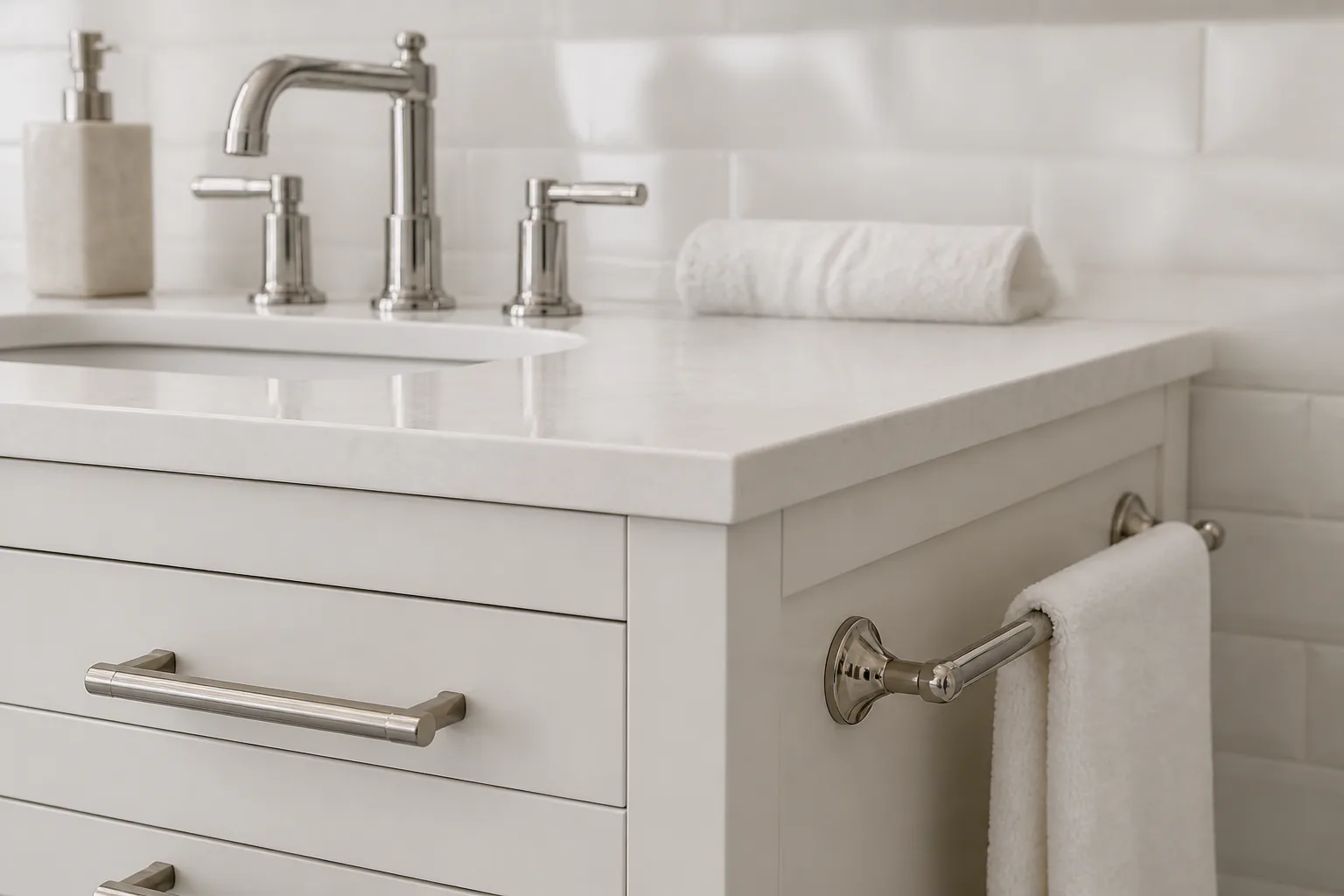 White bathroom vanity with chrome faucet
