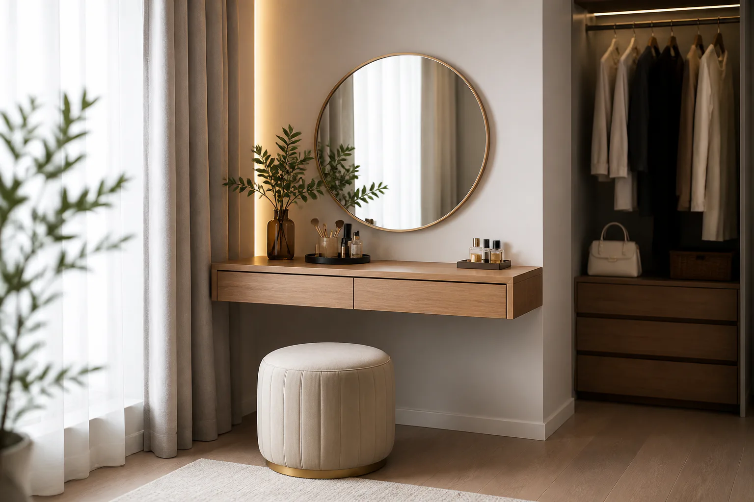 Modern vanity with round mirror and stool