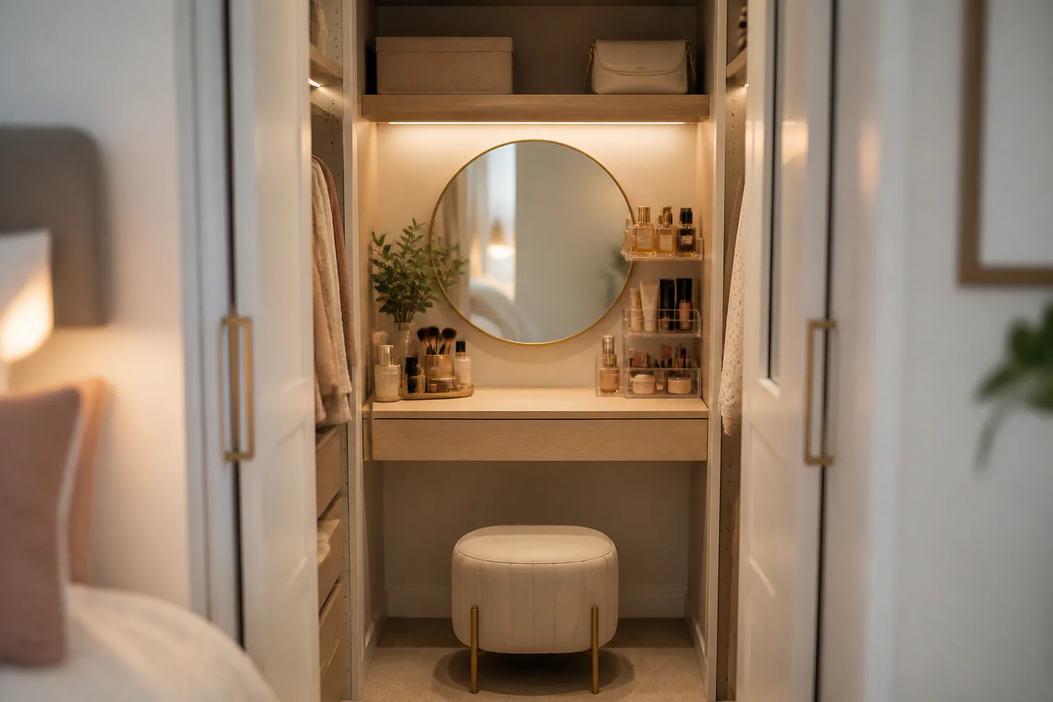 Closet vanity with round mirror