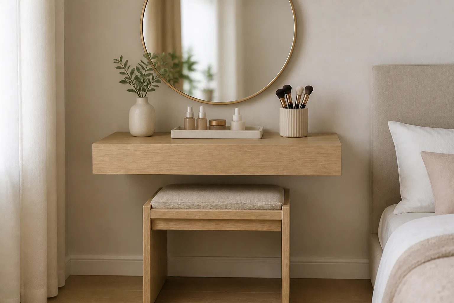 Minimalist bedroom vanity with round mirror
