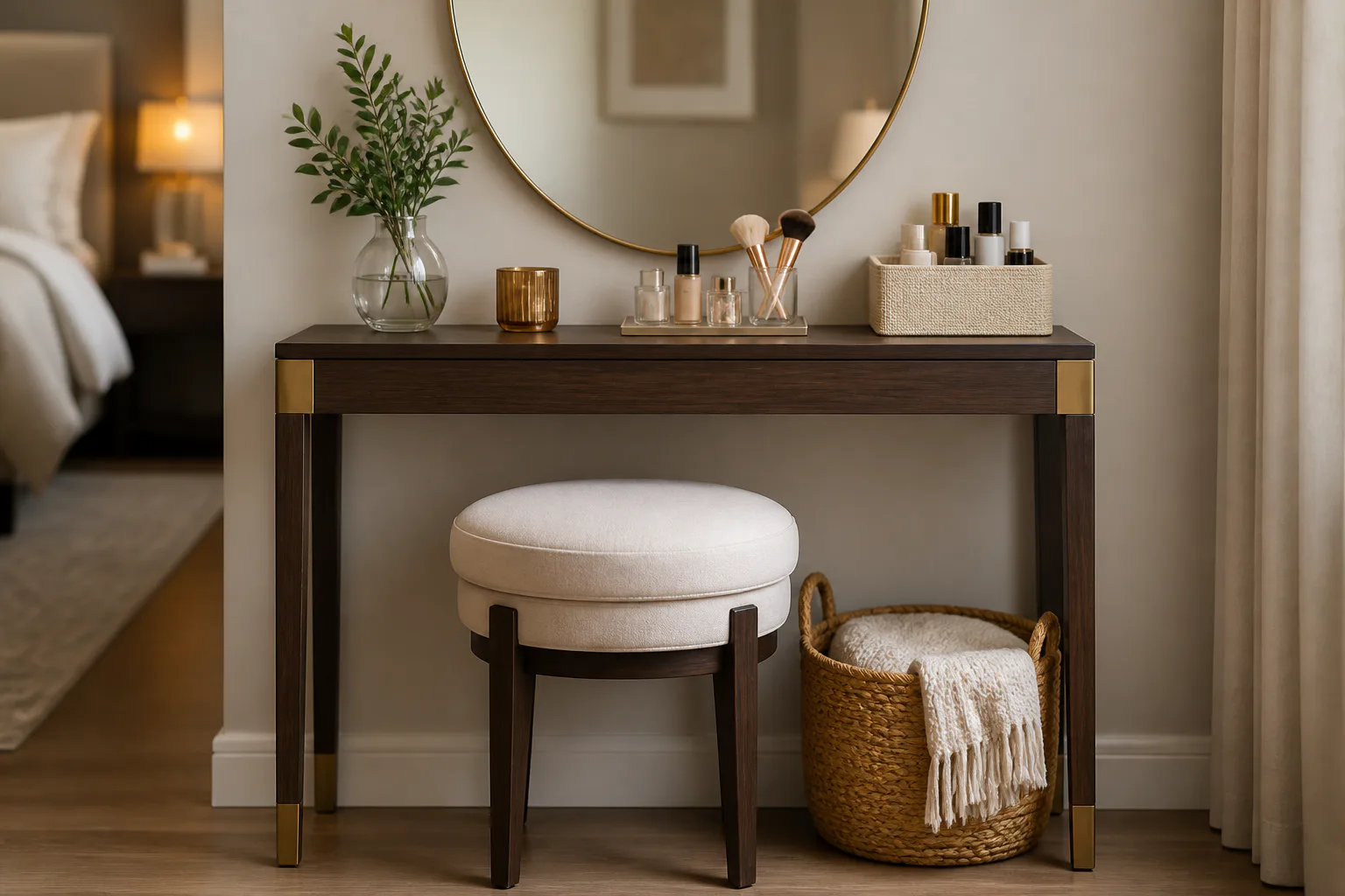 Bedroom vanity with mirror and stool