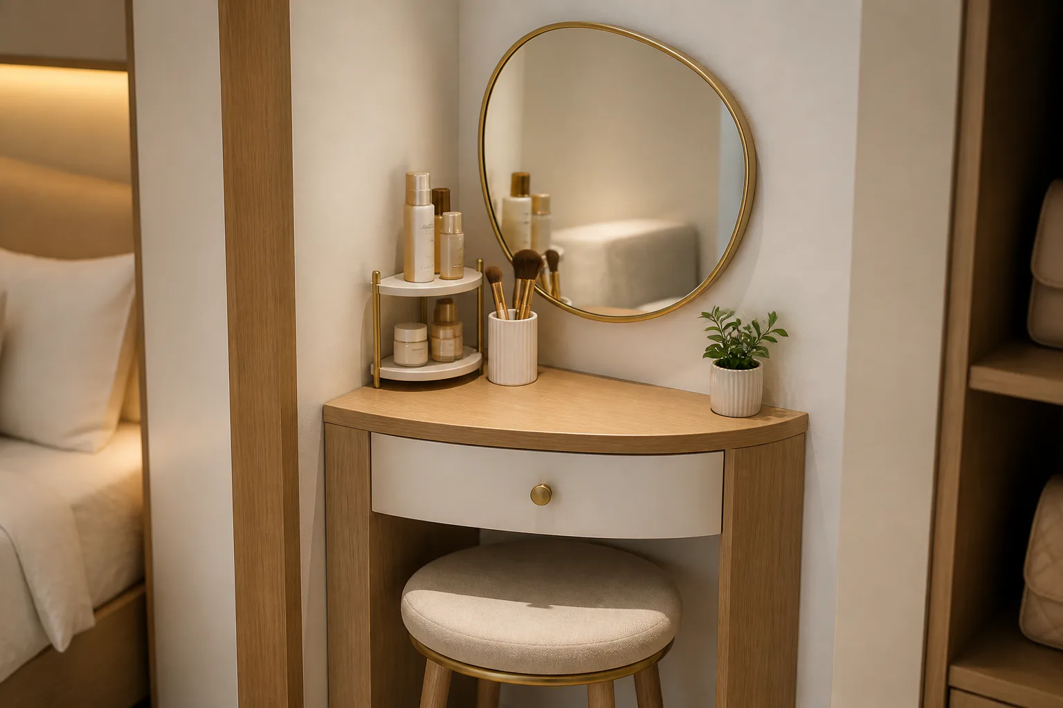 Modern vanity table with round mirror