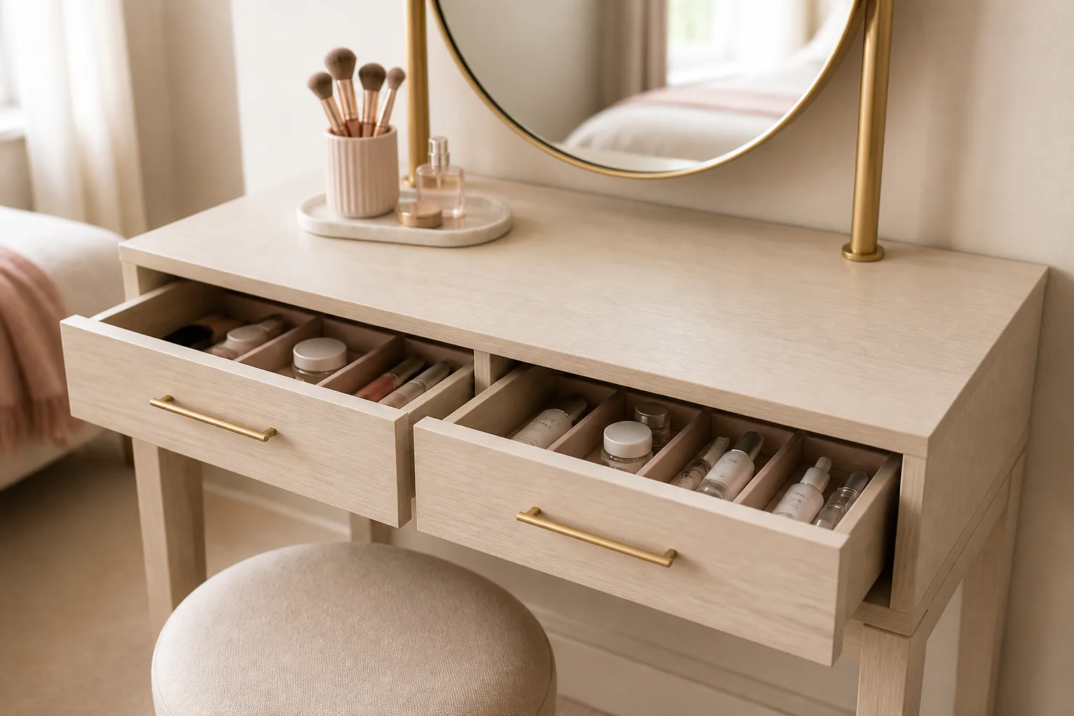 Vanity table with organized makeup drawers