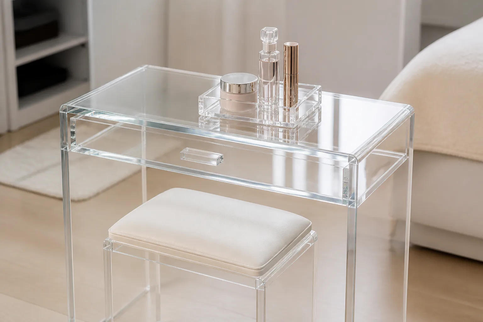 Clear acrylic vanity desk and stool