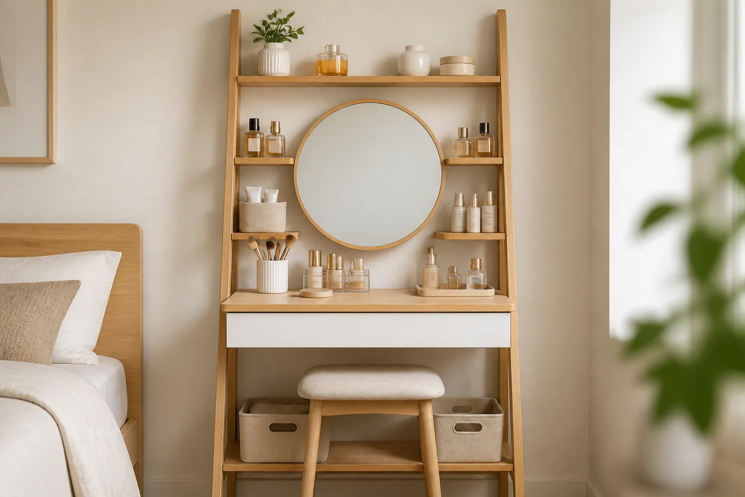 Wood vanity shelf with round mirror