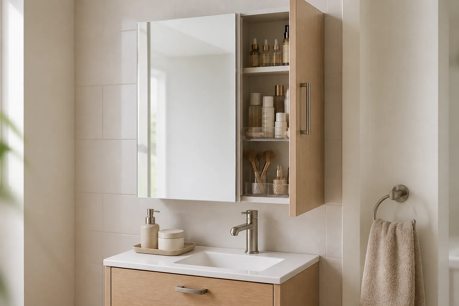 Bathroom mirror cabinet with storage