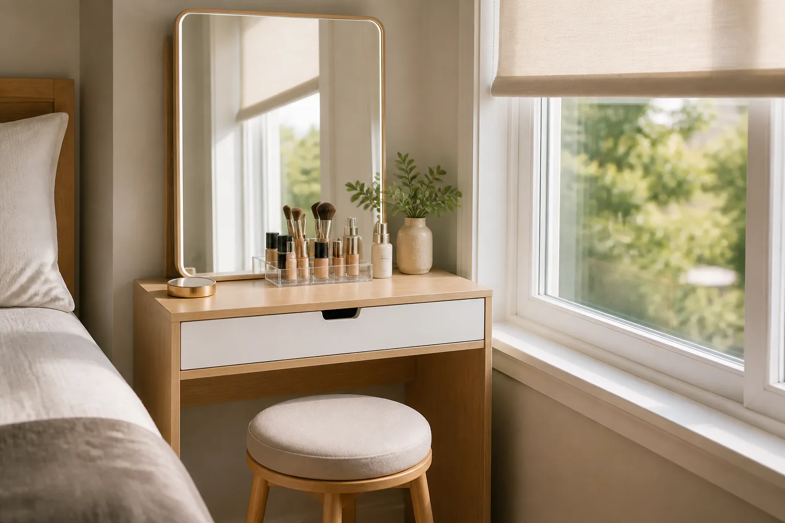 Bedroom vanity with mirror by window