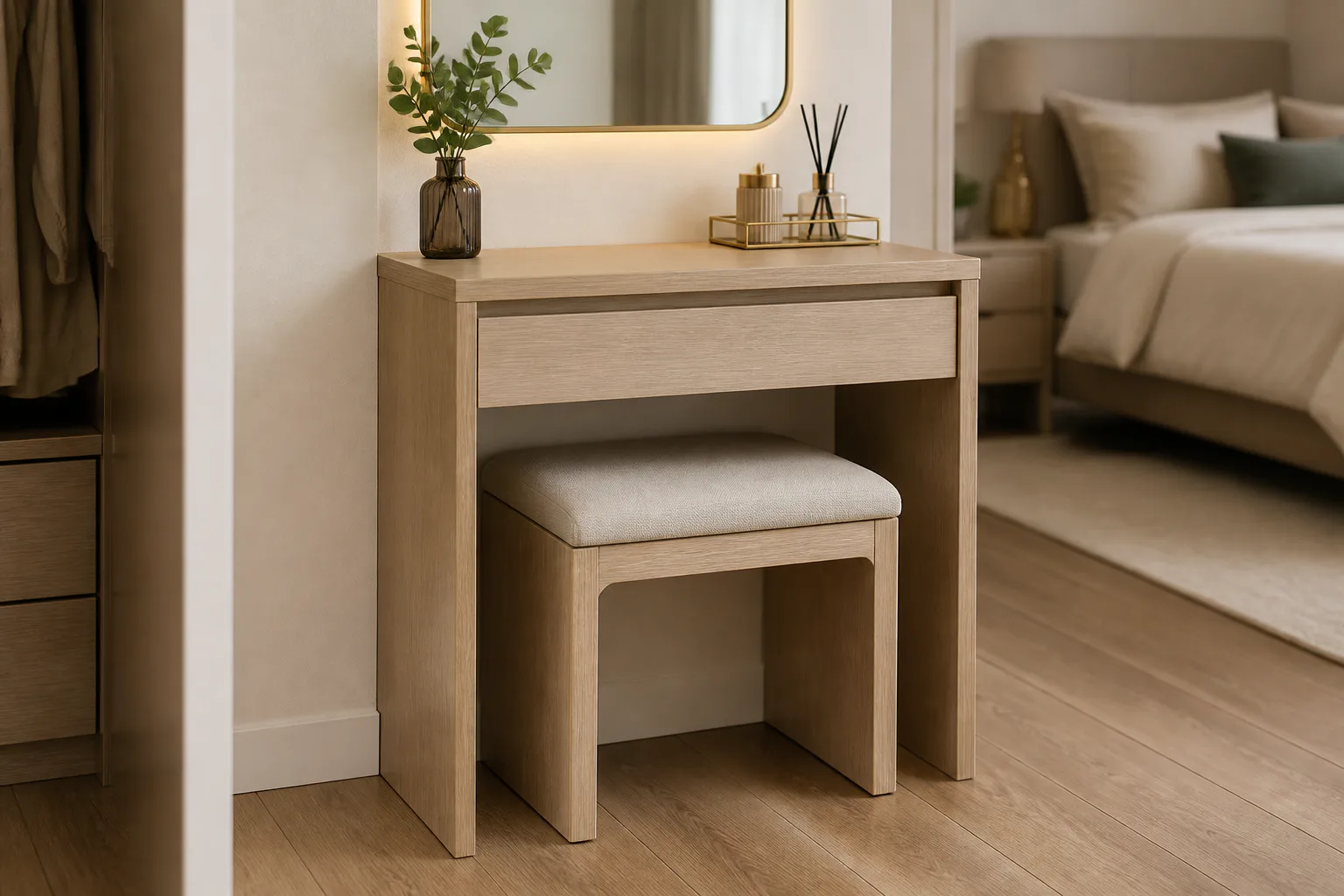 Wood vanity table with stool in bedroom