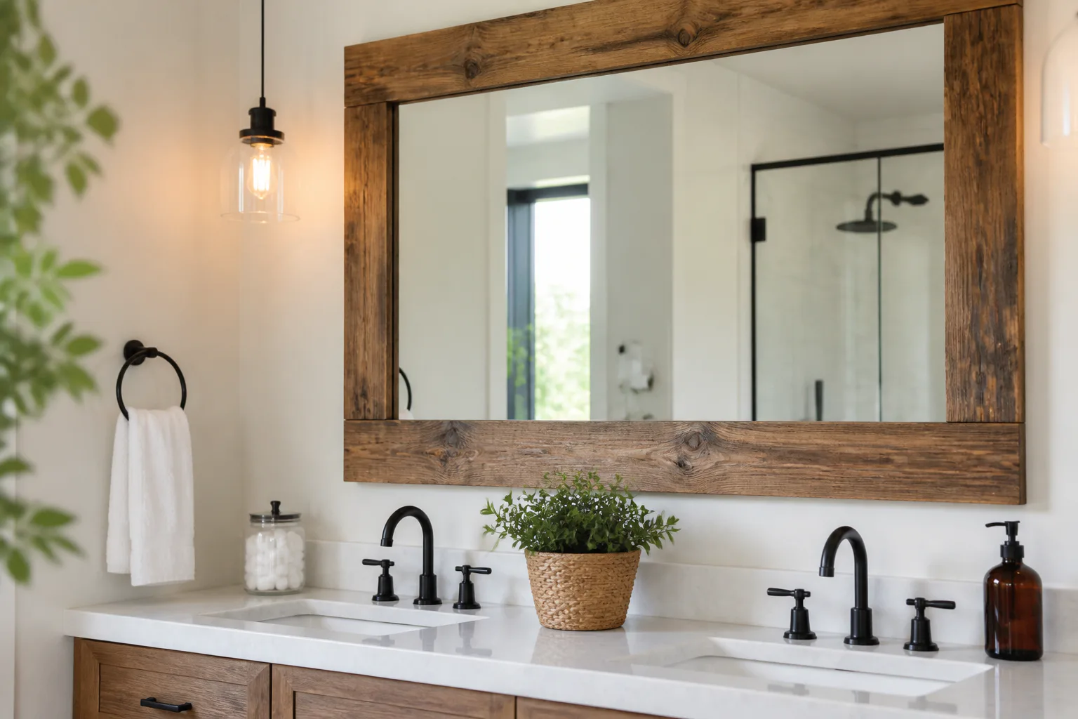 Rustic bathroom vanity with wood mirror