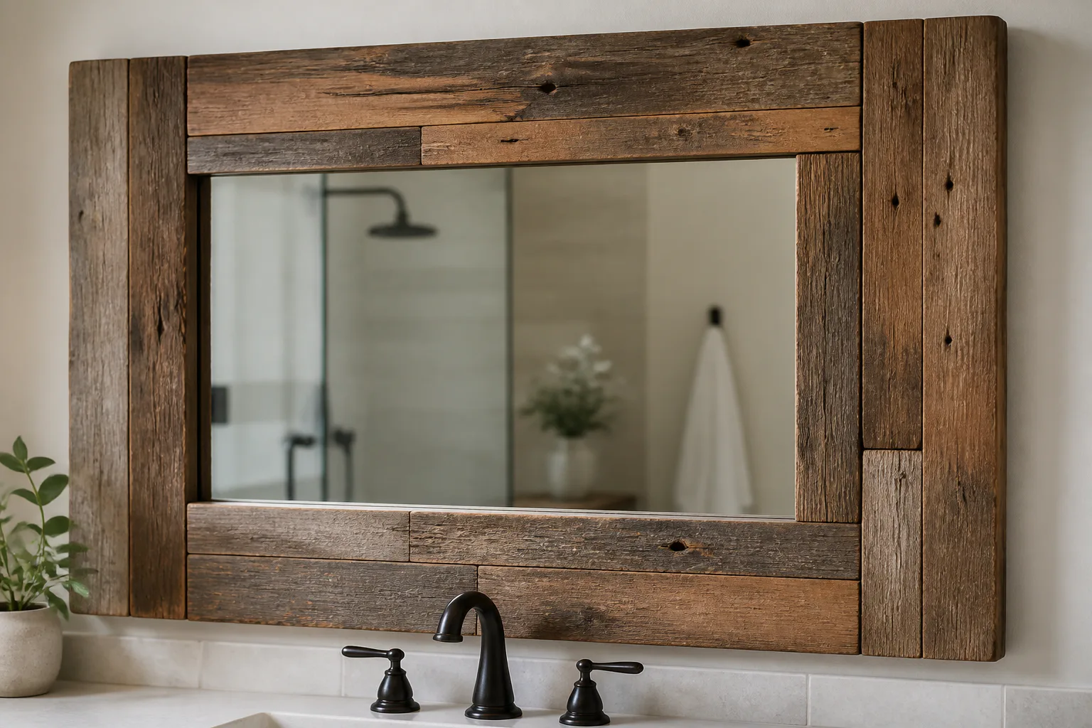Rustic wooden bathroom mirror