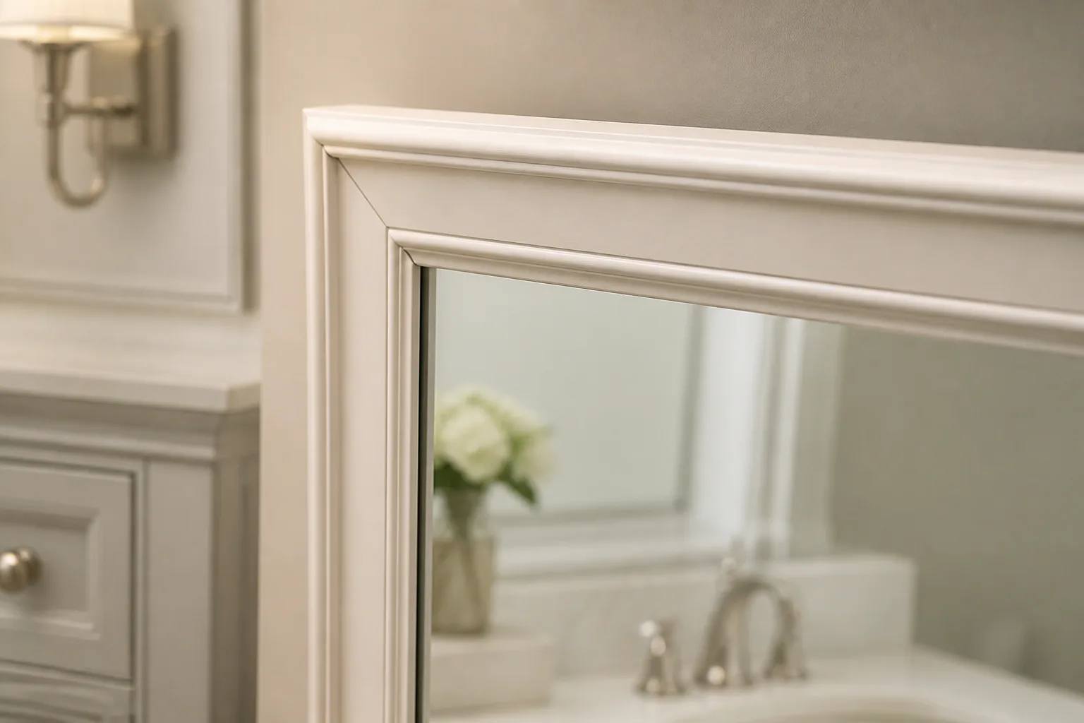 Close-up of framed bathroom mirror