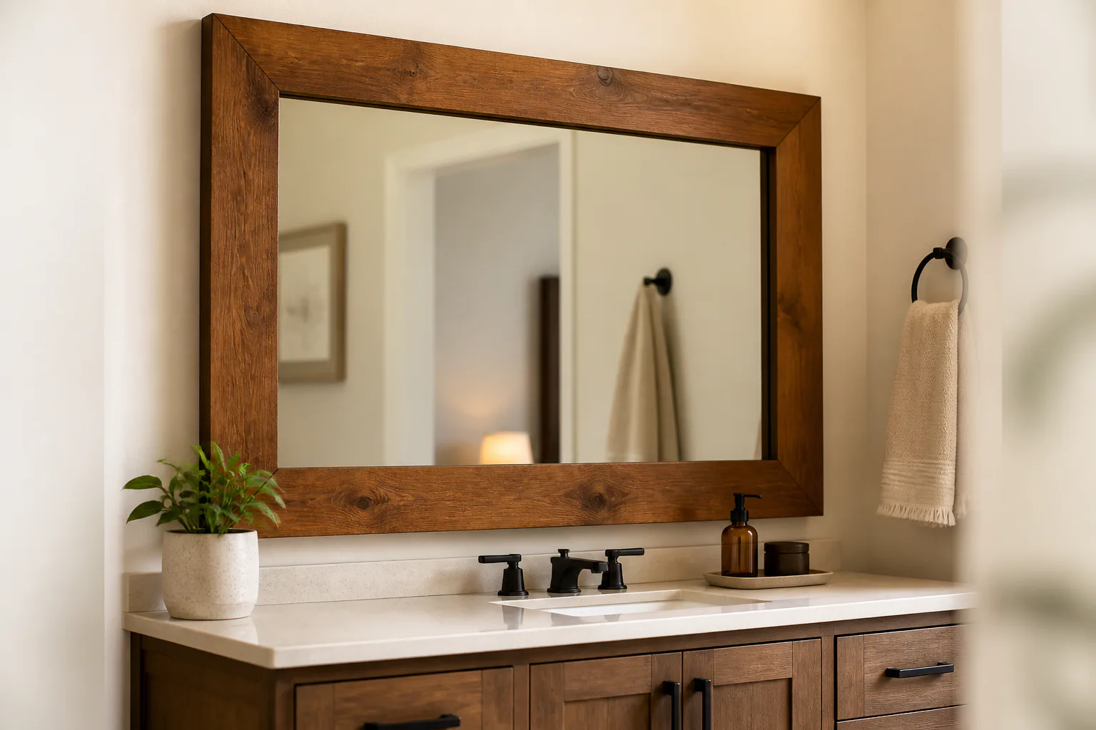 Rustic bathroom vanity with wood mirror