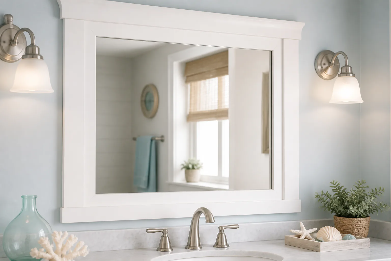 Bathroom mirror with wall sconces