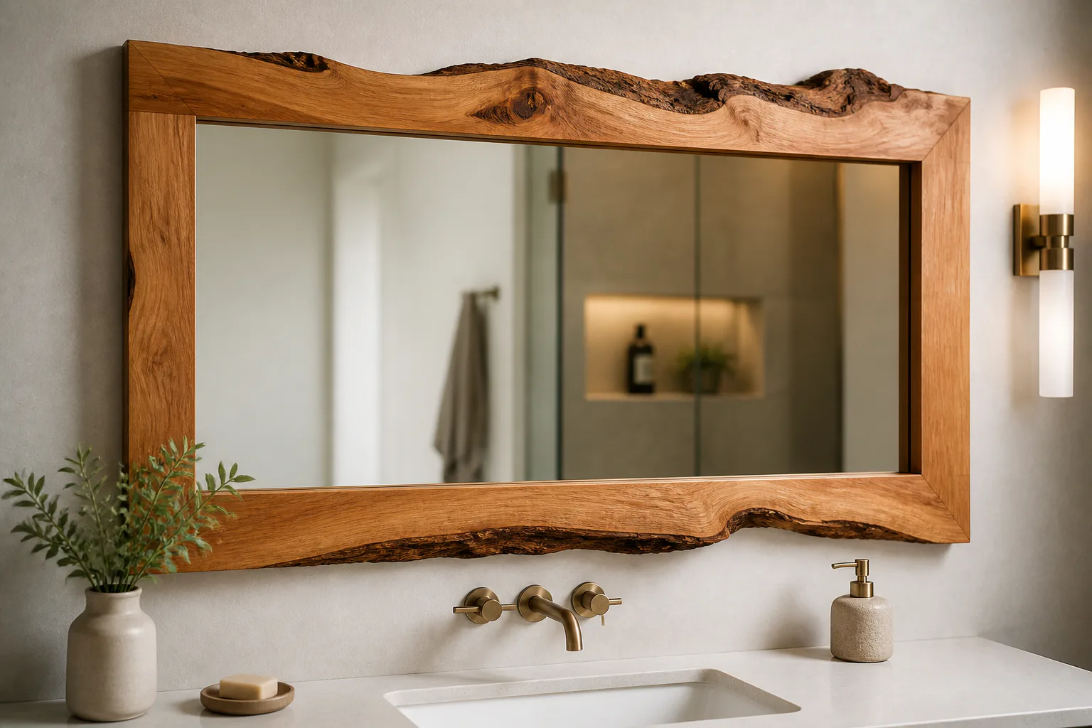 Rustic wood-framed bathroom mirror