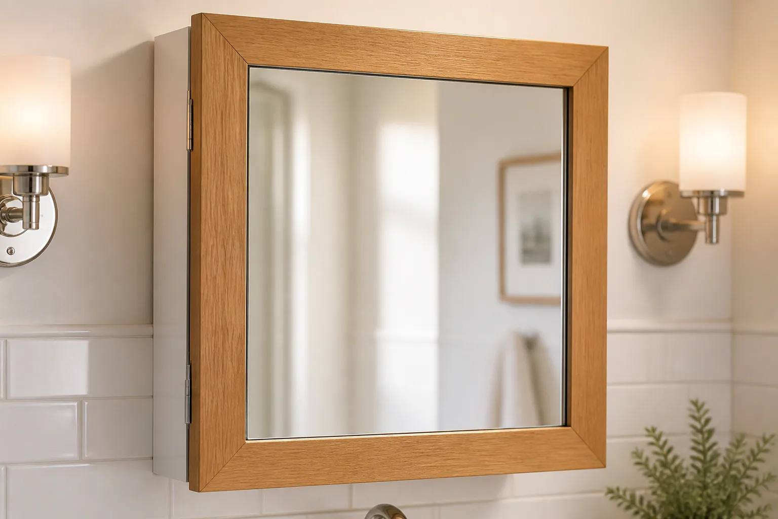 Wood-framed bathroom mirror cabinet