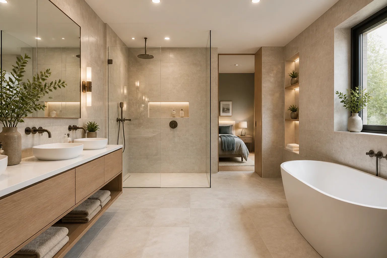 Modern bathroom with tub and walk-in shower