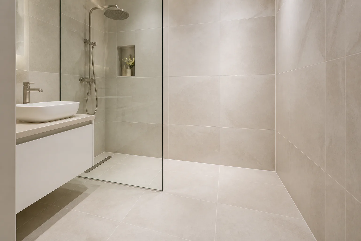 Modern walk-in shower and sink