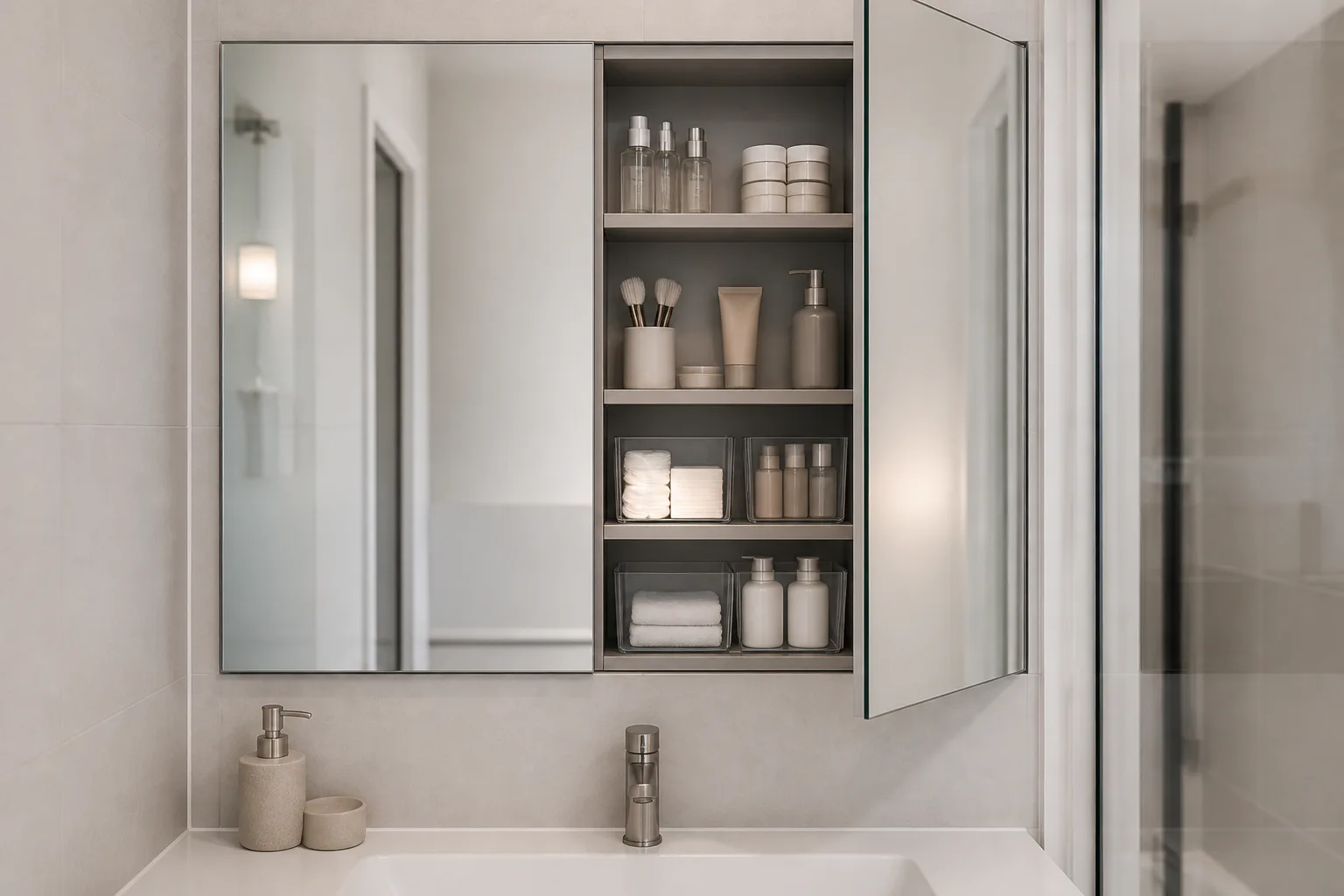 Bathroom mirror cabinet with toiletries