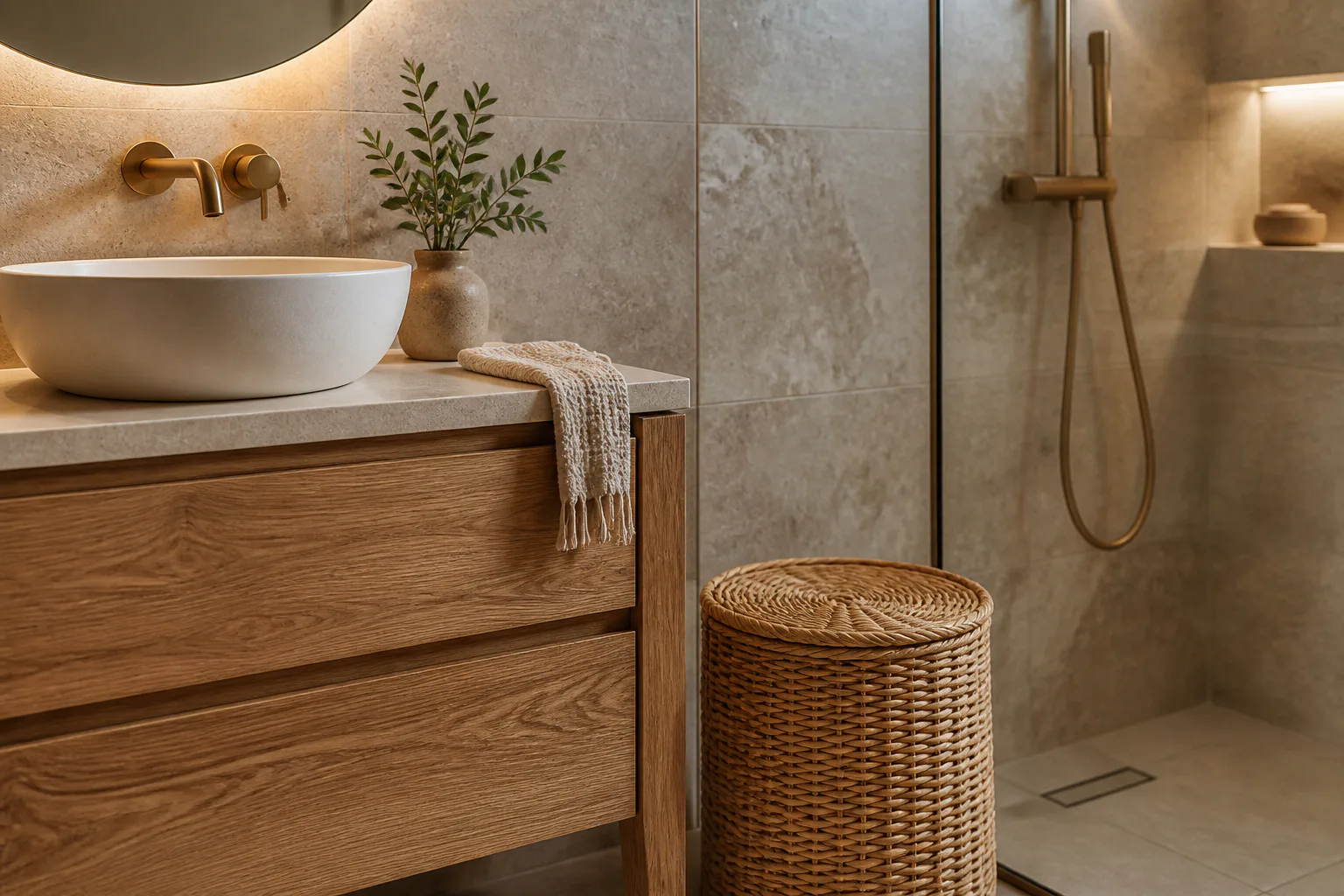 Modern bathroom with wood vanity